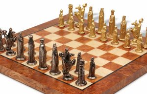 Small Medieval Theme Metal Chess Set with Elm Burl Chess Board