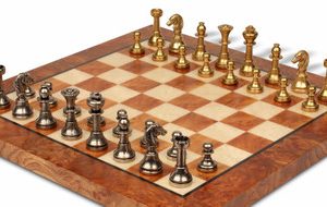 Small Staunton Solid Brass Chess Set with Elm Burl Chess Board