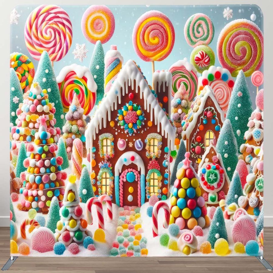 Snowy Candyland House Square Arch Christmas Backdrop - Aperturee