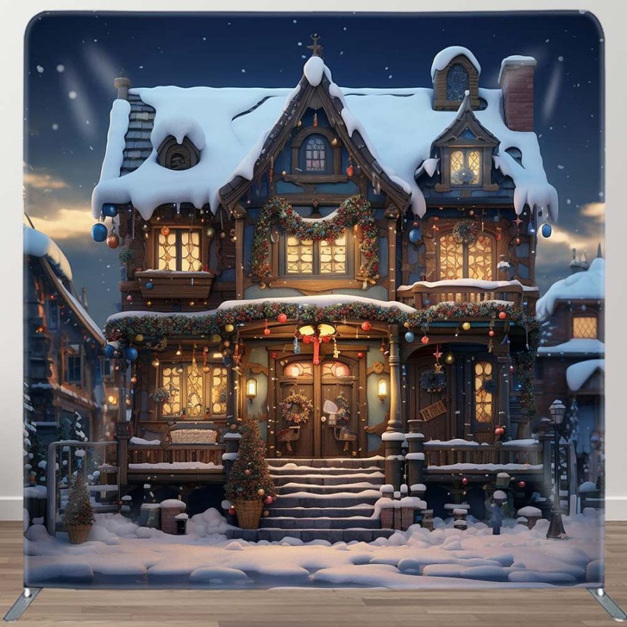 Snowy House Dark Night Xmas Tension Fabric Backdrop - Aperturee