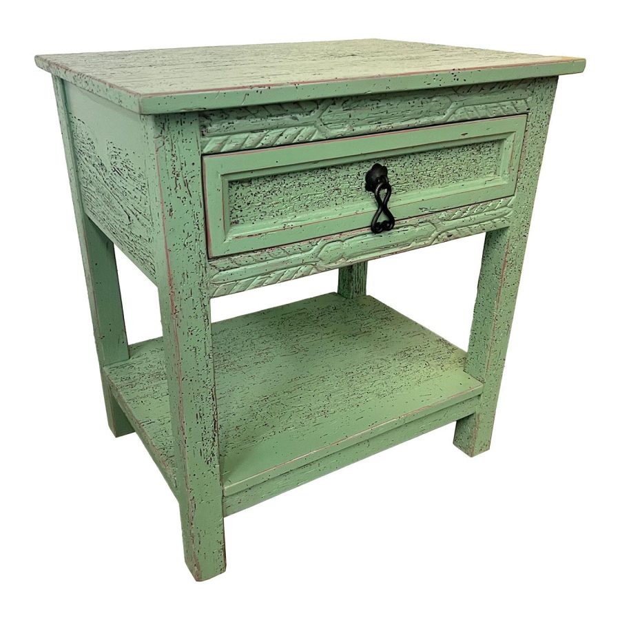 Southwestern Rustic Barrotes Nightstand with Pastel Green/Red Under Finish