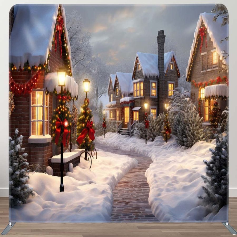 Sunset Snowy Town Street Christmas Tension Backdrop - Aperturee