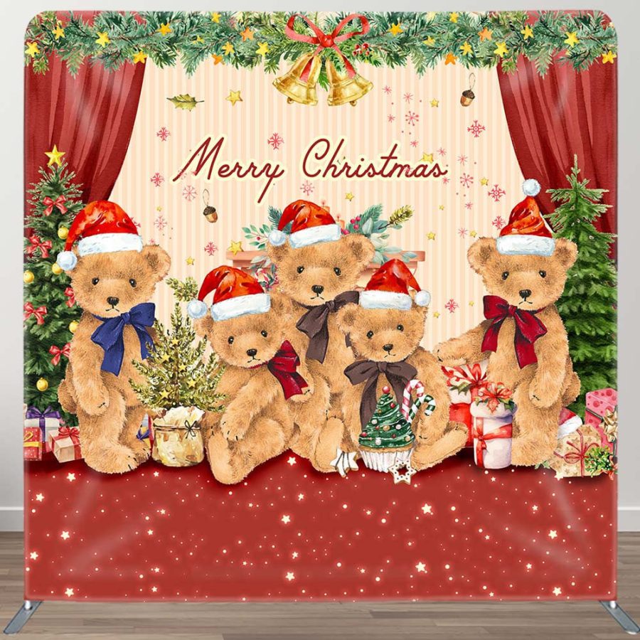 Teddy Bear Merry Christmas Tension Fabric Backdrop - Aperturee