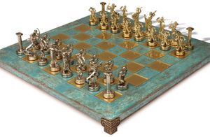 The Giants Battle Theme Chess Set with Brass & Nickel Pieces - Turquoise Board