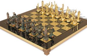 The Greek Mythology Theme Chess Set with Brass & Green Copper Pieces - Green Board