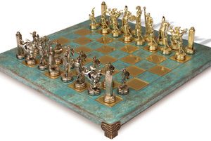 The Greek Mythology Theme Chess Set with Brass & Nickel Pieces - Antiqued Turquoise Board