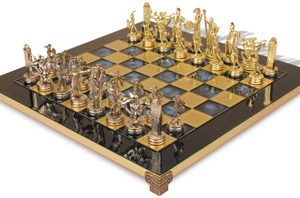 The Greek Mythology Theme Chess Set with Brass & Nickel Pieces - Blue Board