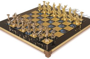 The Labors of Hercules Theme Chess Set with Brass & Nickel Pieces - Blue Board