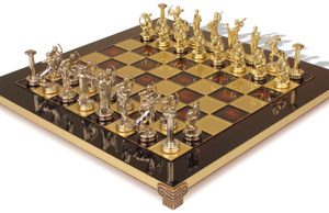 The Labors of Hercules Theme Chess Set with Brass & Nickel Pieces - Red Board