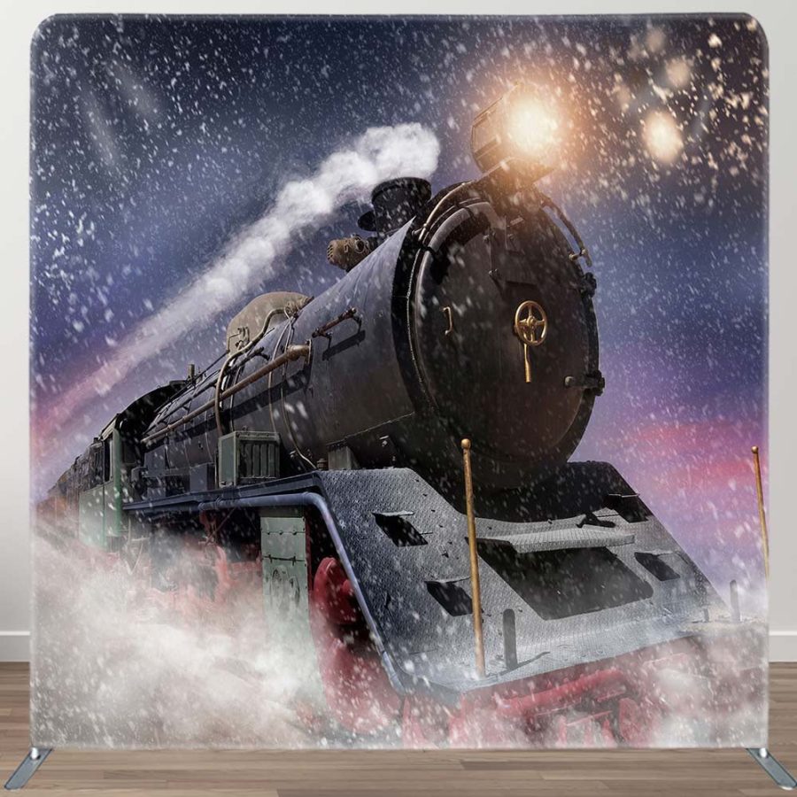 Train Winter Night Christmas Tenison Fabric Backdrop - Aperturee