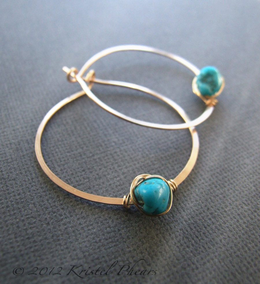 Turquoise earrings - genuine Arizona turquoise hoop earrings gold silver 1.5"