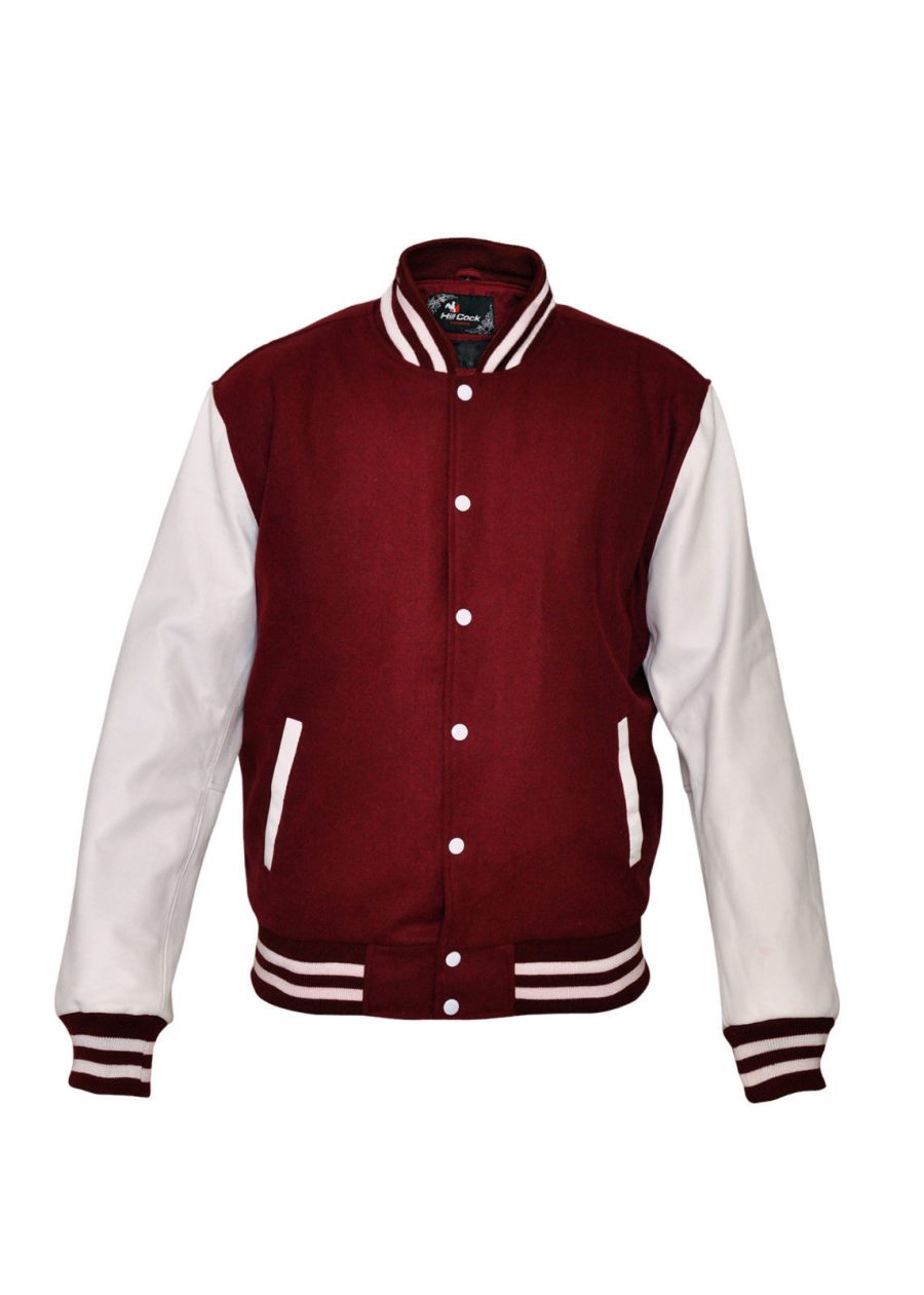 Varsity Maroon Wool Letterman Jacket Real White Leather Sleeves