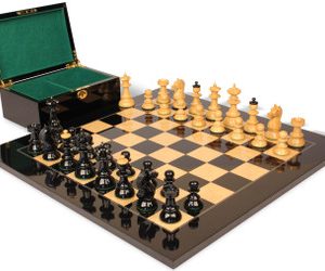 Vienna Coffee House Antique Reproduction Chess Set High Gloss Black & Boxwood Pieces with Black & Ash Burl Board & Box - 4 King