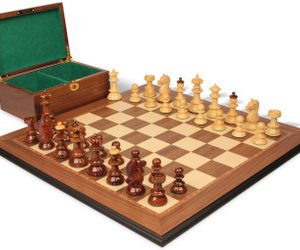 Vienna Coffee House Antique Reproduction Chess Set High Gloss Golden Rosewood & Boxwood Pieces with Walnut Molded Chess Board & Box - 4 King