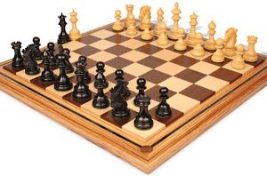 Wellington Staunton Chess Set Ebony & Boxwood Pieces with Mission Craft Walnut, Maple & Zebra Wood Chess Board - 4.25 King