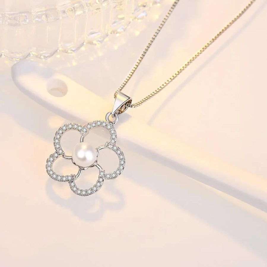 White Pearl Flower Pendant Necklace Artificial Pearl Cubic Zirconia 925 Sterling Silver