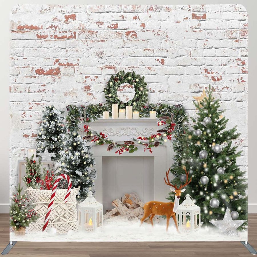 White Wall Brick Christmas Tension Fabric Backdrop - Aperturee