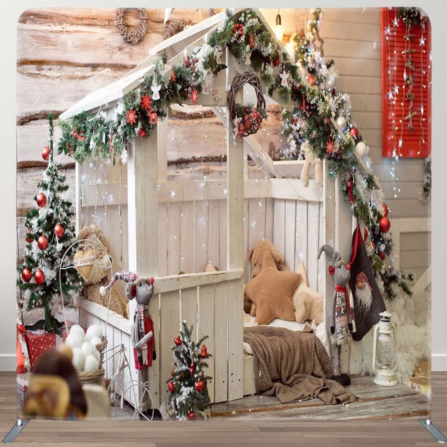 White Wooden House Christmas Fabric Tension Backdrop - Aperturee