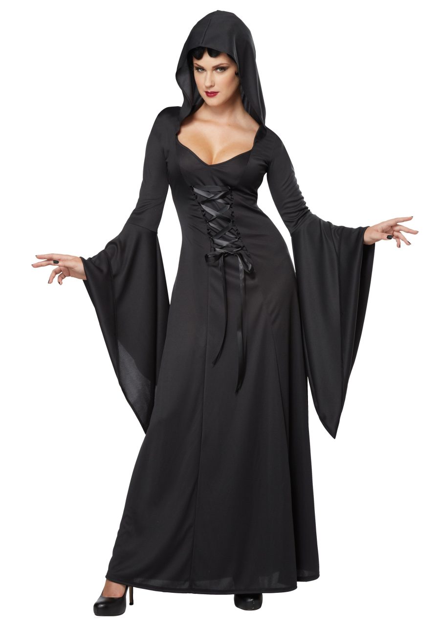 Women's Hooded Black Lace Up Robe Costume