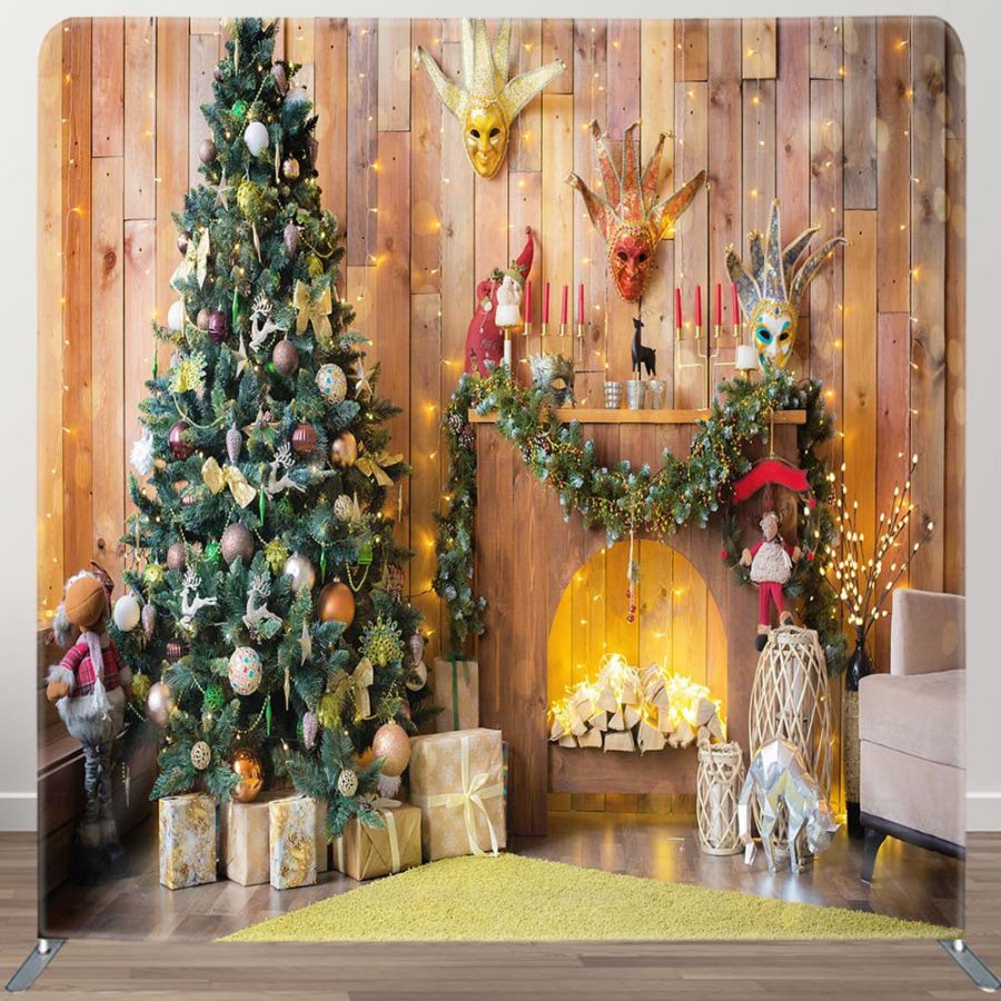 Wooden House Christmas Fireplace Tension Fabric Backdrop - Aperturee