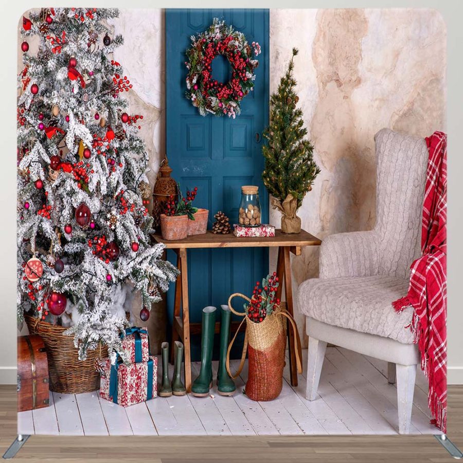 Wreath Blue Door Christmas Tree Pillow Case Backdrop - Aperturee