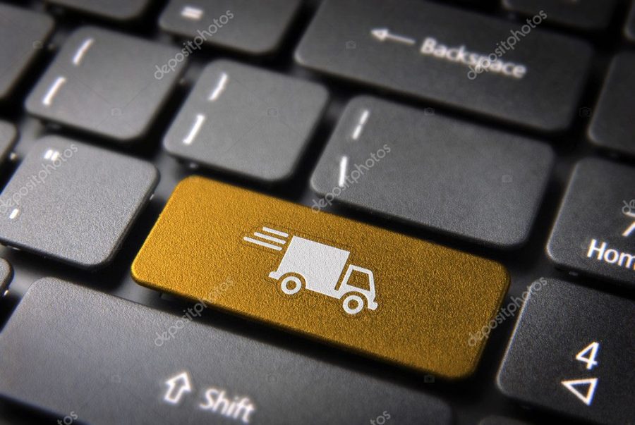 Yellow delivery keyboard key cargo business background