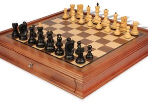 Zagreb Series Chess Set Ebonized & Boxwood Pieces with Walnut Chess Case - 3.25 King