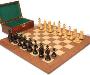 Zagreb Series Chess Set Ebony & Boxwood Pieces with Walnut & Maple Deluxe Board & Box - 3.875 King