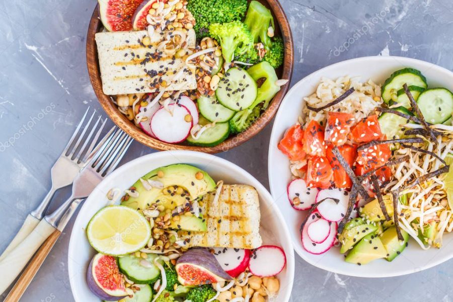 healthy lunch, buddha salad bowls, ahi poke.