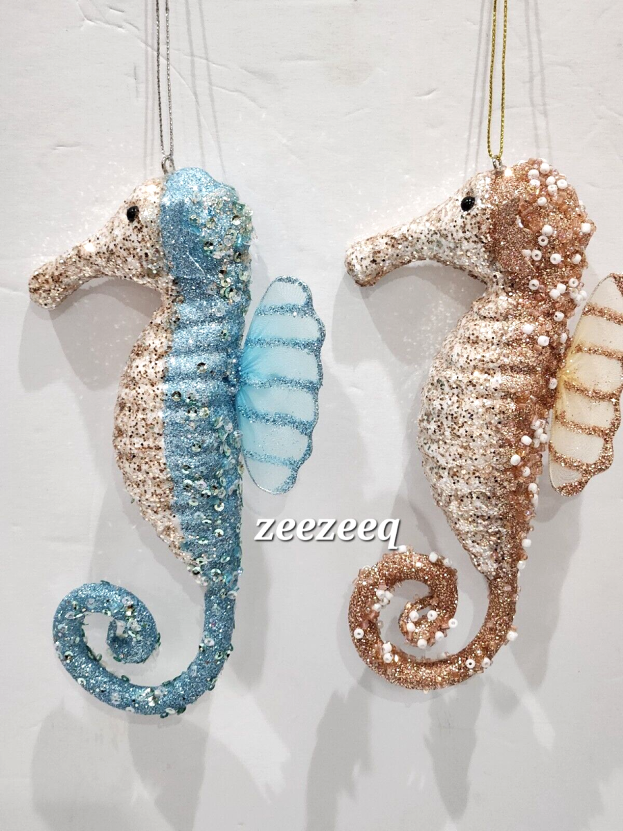 x2 Christmas Coastal Beach Blue Glitter Seahorses Ornaments Tree Decor 6.5"