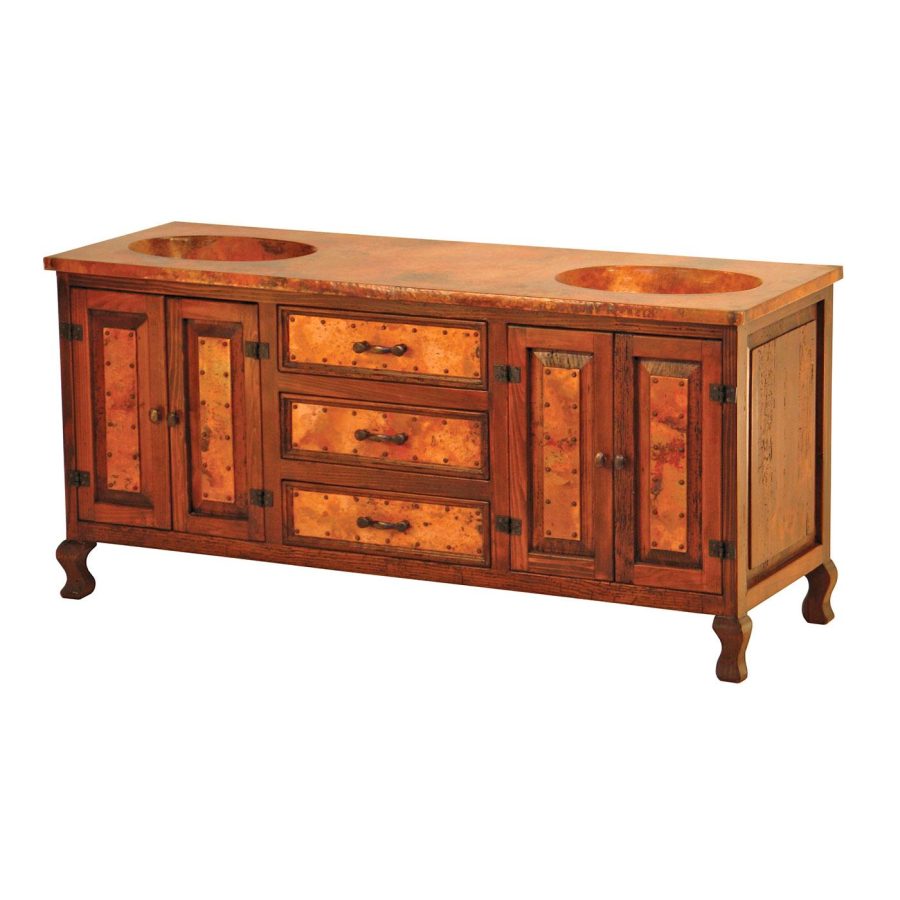 4-Door/3-Drawer Sink Cabinet with Built-In Copper Sinks and Antique Brown Finish