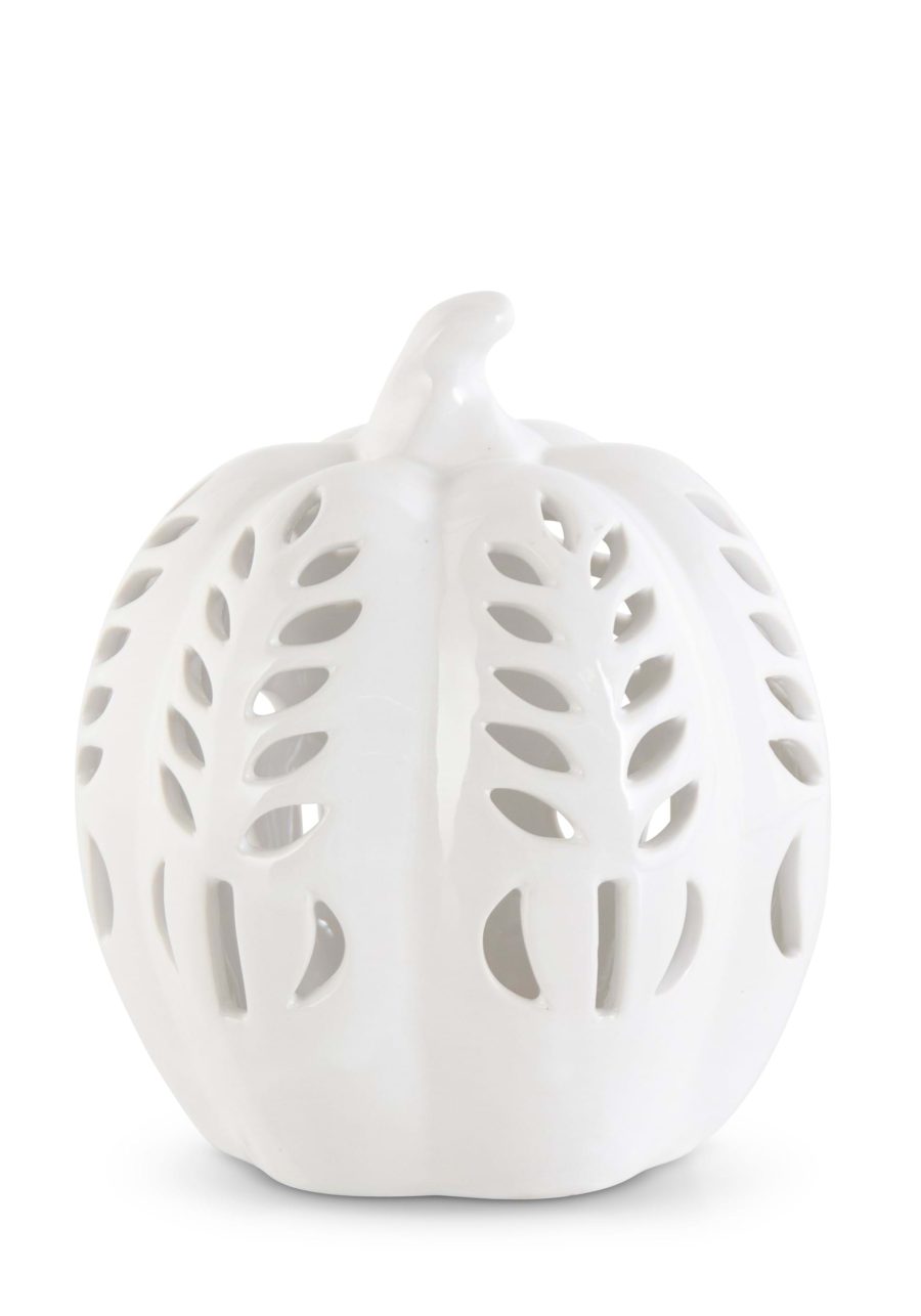 6.75 White Ceramic LED Cutout Pumpkin Decoration