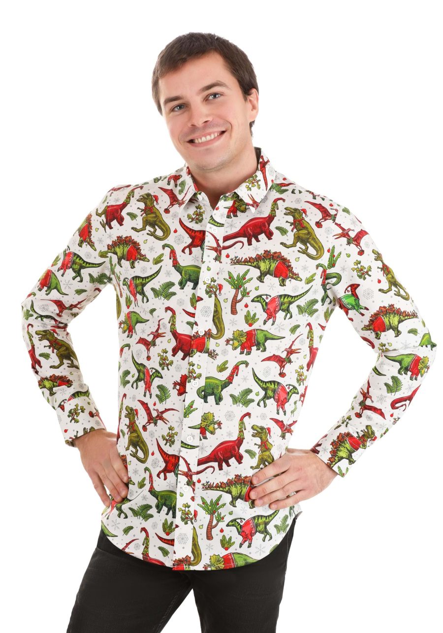 Adult Holiday Dinosaurs Button Up Shirt