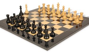 British Staunton Chess Set Ebonized & Boxwood Pieces with Black & Ash Burl Board - 4 King