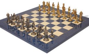 Camelot Theme Metal Chess Set Blue Ash Burl Chess Board