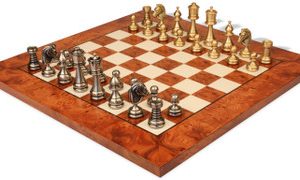 Classic Staunton Solid Brass Chess Set with Elm Burl Board