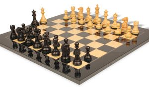 Deluxe Old Club Staunton Chess Set Ebonized & Boxwood Pieces with Black & Ash Burl Board - 3.75 King