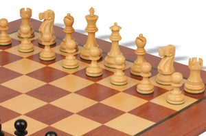 Deluxe Old Club Staunton Chess Set Ebonized & Boxwood Pieces with Classic Mahogany Board - 3.75 King