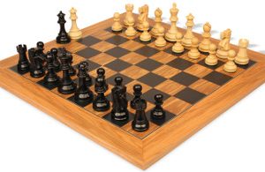 Deluxe Old Club Staunton Chess Set Ebonized & Boxwood Pieces with Olive Wood & Black Deluxe Board - 3.25 King