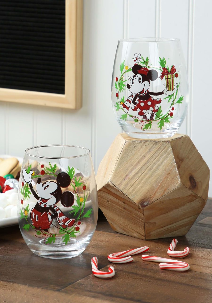 Disney Holiday Mickey and Minnie 2pc 20oz Stemless Glasses