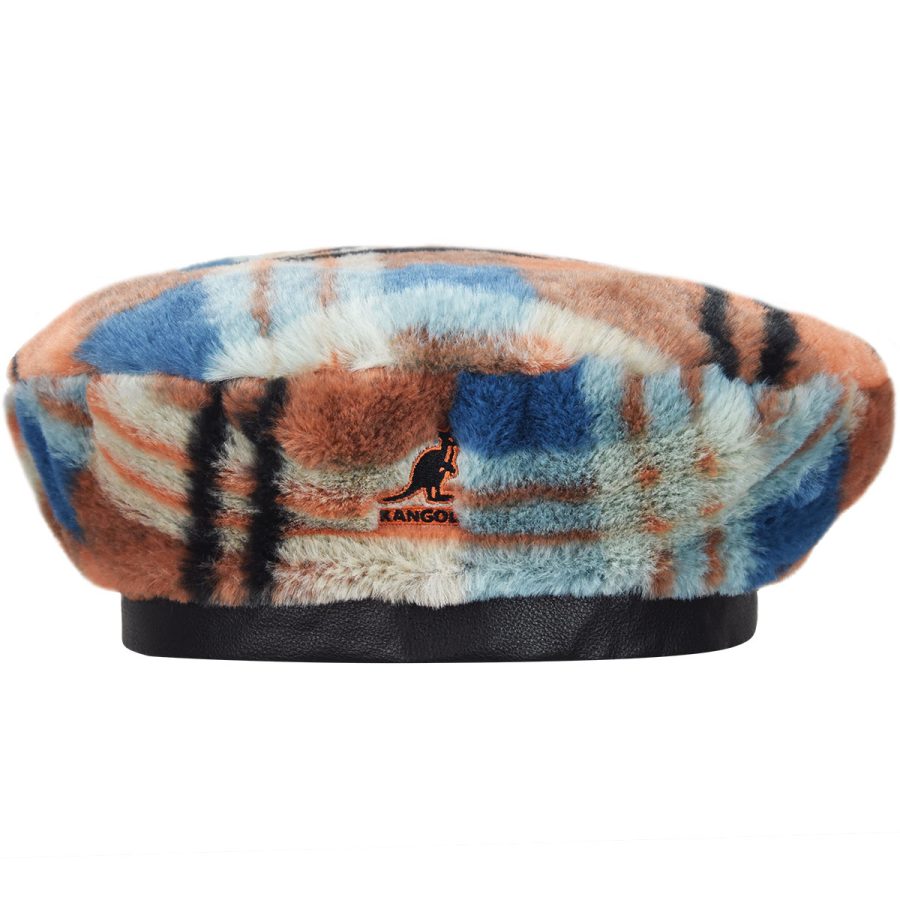 Faux Fur Beret - Fiery Orange Plaid/S/M