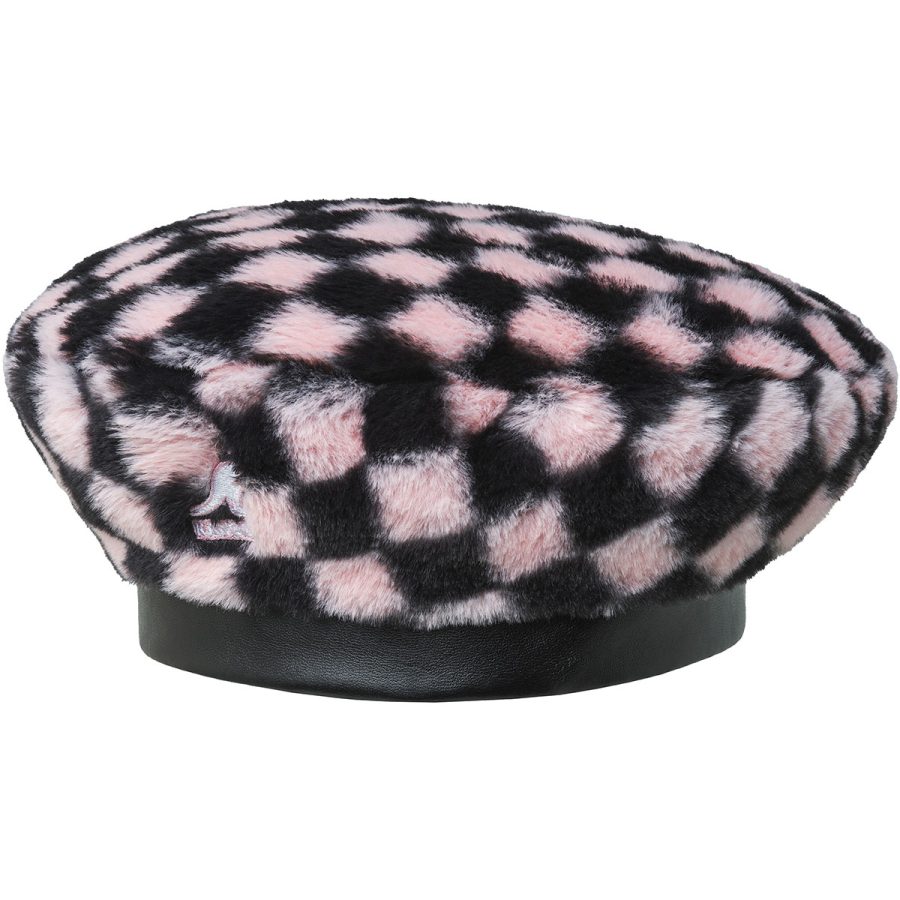 Faux Fur Beret - Pepto Check/L/XL