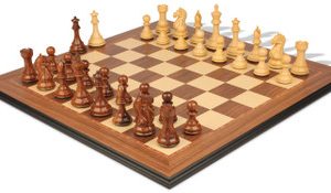 Fierce Knight Staunton Chess Set Golden Rosewood & Boxwood Pieces with Walnut Molded Edge Chess Board - 4 King