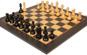 Fischer-Spassky Commemorative Chess Set Ebony & Boxwood Pieces with The Queen's Gambit Chess Board - 3.75 King