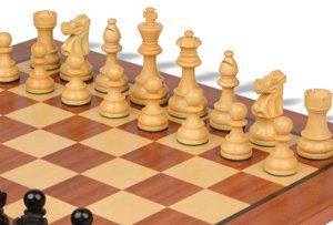 French Lardy Staunton Chess Set Ebonized & Boxwood Pieces with Classic Mahogany Board - 3.25 King