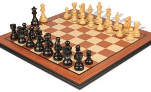 French Lardy Staunton Chess Set Ebonized & Boxwood Pieces with Mahogany & Maple Molded Edge Board - 3.75 King