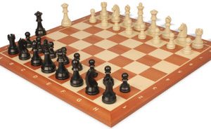 German Knight Plastic Chess Set Black & Aged Ivory Pieces with Sunrise Mahogany Notated Board - 3.75 King