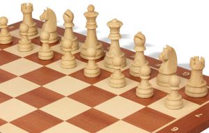 German Knight Plastic Chess Set Wood Grain Pieces with Sunrise Mahogany Notated Board - 3.75 King