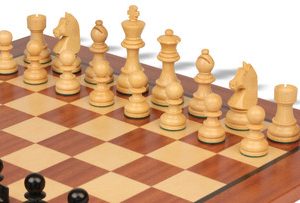 German Knight Staunton Chess Set Ebonized & Boxwood Pieces with Classic Mahogany Board - 3.25 King