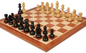 German Knight Staunton Chess Set Ebonized & Boxwood Pieces with Sunrise Mahogany Notated Board - 3.75 King